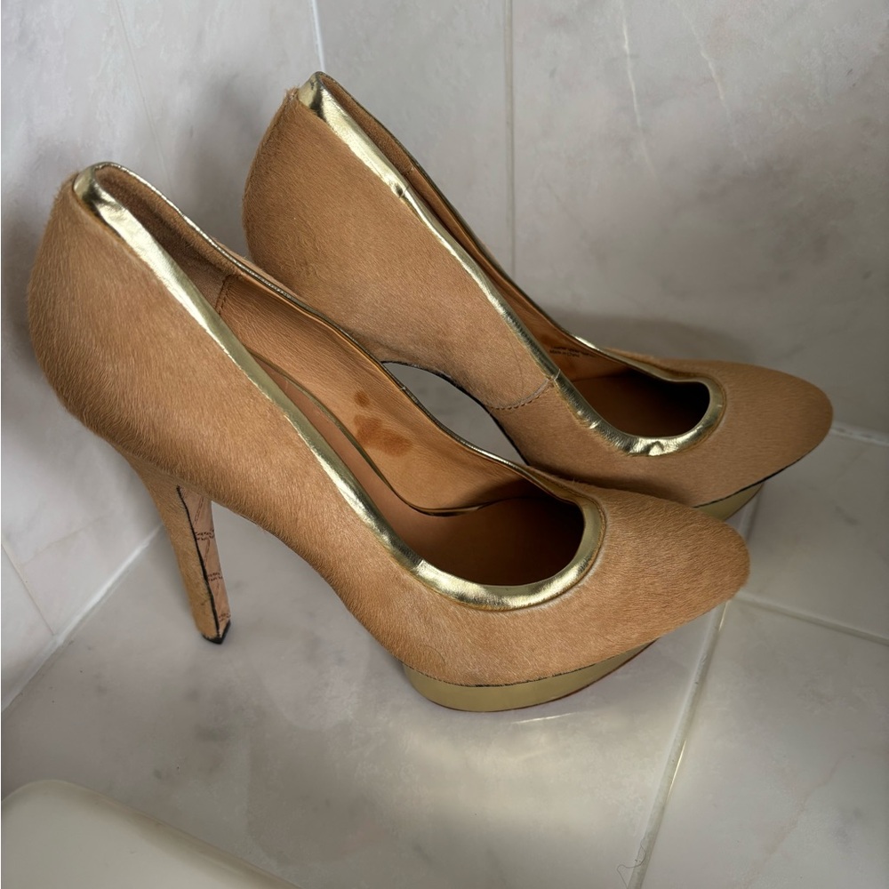 L.A.M.B. Tan and Gold Stiletto Heels with Pointed Toe